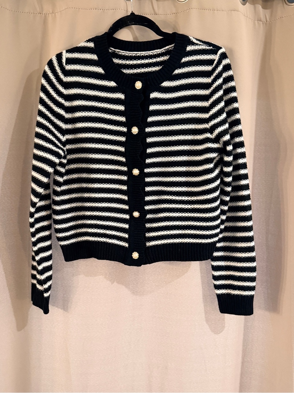 SHEIN Black & White Striped Crewneck Pearl Button Cardigan
